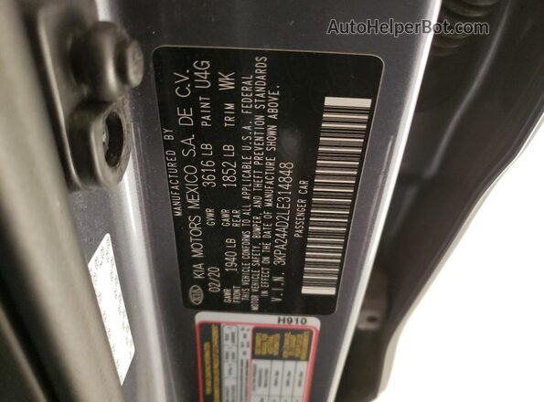 3KPA24AD2LE314848 2020 KIA RIO Gray Շարժիչի բաժամունքի տեսք