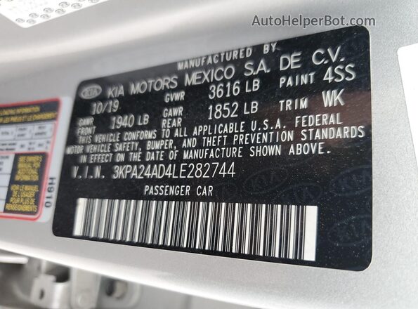 3KPA24AD4LE282744 2020 KIA RIO Silver Vista del compartimento del motor
