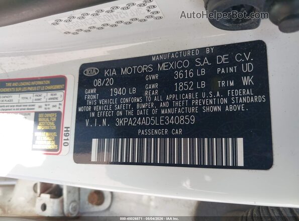 3KPA24AD5LE340859 2020 KIA RIO Белый Вид подкапотного пространства