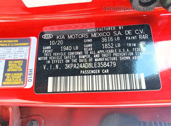 3KPA24AD8LE358479 2020 KIA RIO Красный Вид подкапотного пространства