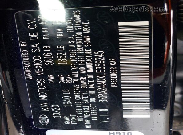 3KPA24ADXLE359245 2020 KIA RIO Black Widok komory silnika