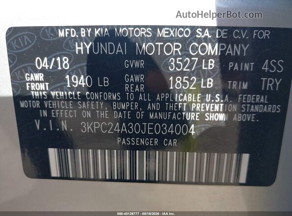 3KPC24A30JE034004 2018 HYUNDAI ACCENT Silver ძრავის განყოფილების ხედი
