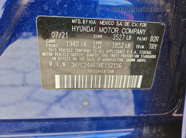 3KPC24A61ME152156 2021 HYUNDAI ACCENT Синий Вид подкапотного пространства
