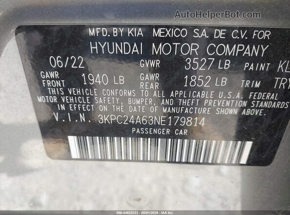 3KPC24A63NE179814 2022 HYUNDAI ACCENT Gray Widok komory silnika