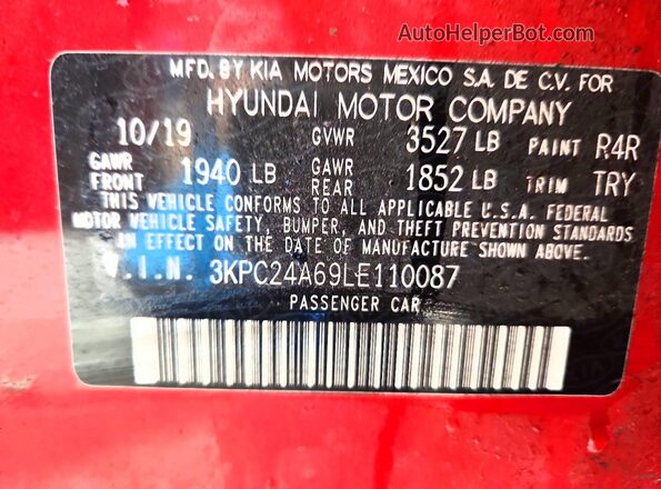 3KPC24A69LE110087 2020 HYUNDAI ACCENT Red Vista del compartimento del motor