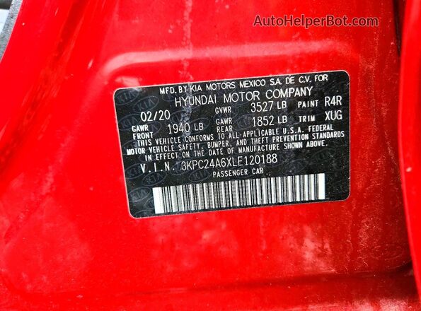 3KPC24A6XLE120188 2020 HYUNDAI ACCENT Красный Вид подкапотного пространства