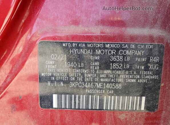 3KPC34A67ME140588 2021 HYUNDAI ACCENT Red Widok komory silnika
