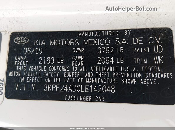 3KPF24AD0LE142048 2020 KIA FORTE Белый Вид подкапотного пространства