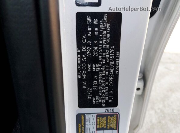 3KPF24AD0NE451764 2022 KIA FORTE Белый Вид наклейки с VIN-кодом