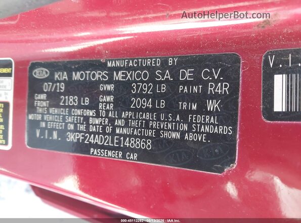 3KPF24AD2LE148868 2020 KIA FORTE Red Widok komory silnika