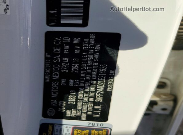 3KPF24AD2LE214626 2020 KIA FORTE White Widok komory silnika