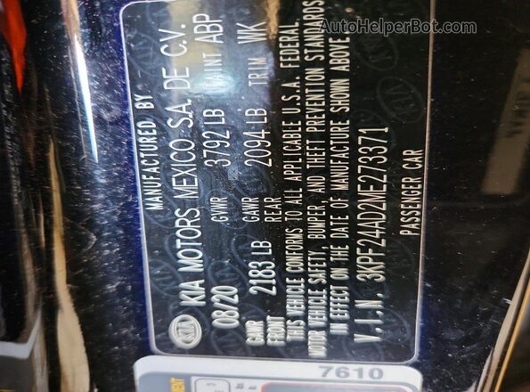 3KPF24AD2ME273371 2021 KIA FORTE Black Widok naklejki z numerem VIN