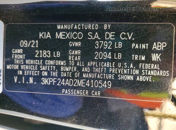 3KPF24AD2ME410549 2021 KIA FORTE Black Widok naklejki z numerem VIN