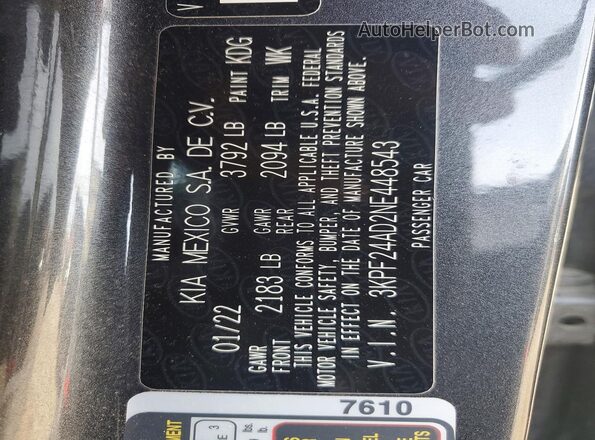 3KPF24AD2NE448543 2022 KIA FORTE Gray Widok komory silnika