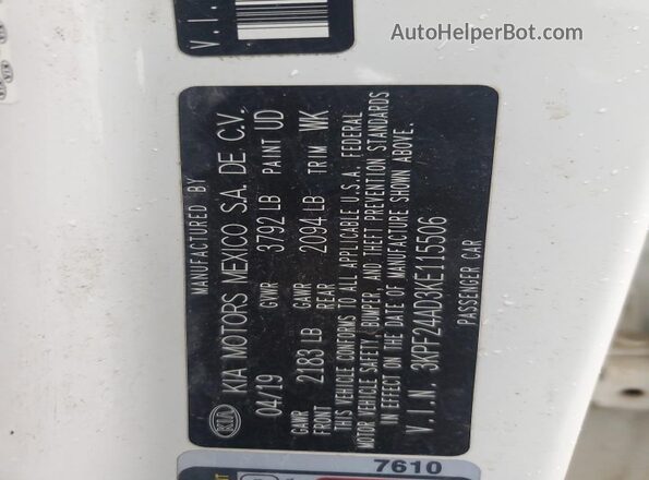 3KPF24AD3KE115506 2019 KIA FORTE White Widok komory silnika