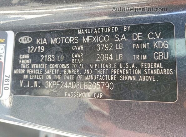 3KPF24AD3LE205790 2020 KIA FORTE Gray Widok naklejki z numerem VIN