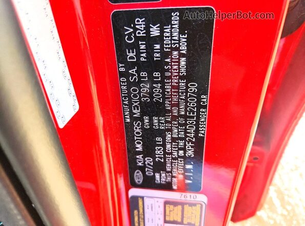 3KPF24AD3LE260790 2020 KIA FORTE Красный Вид подкапотного пространства