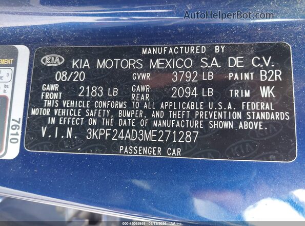 3KPF24AD3ME271287 2021 KIA FORTE Синий Вид подкапотного пространства