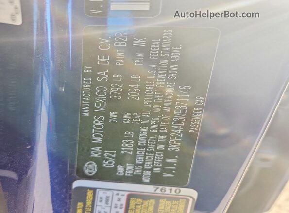 3KPF24AD3ME371146 2021 KIA FORTE Синий Вид наклейки с VIN-кодом