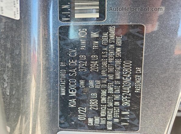 3KPF24AD3NE458000 2022 KIA FORTE Gray Vista del compartimento del motor