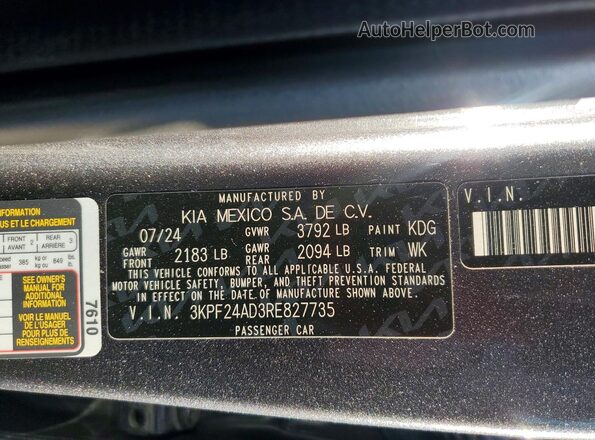 3KPF24AD3RE827735 2024 KIA FORTE Серый Вид наклейки с VIN-кодом