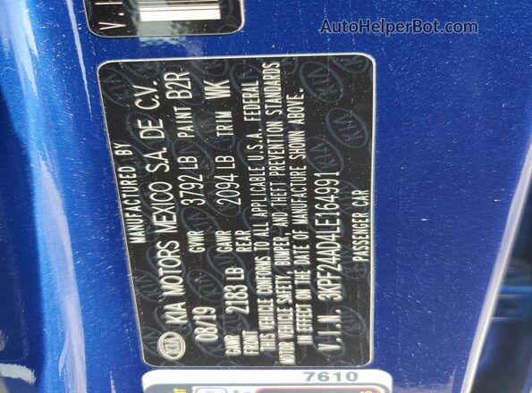 3KPF24AD4LE164991 2020 KIA FORTE Blue Vista de la etiqueta del VIN