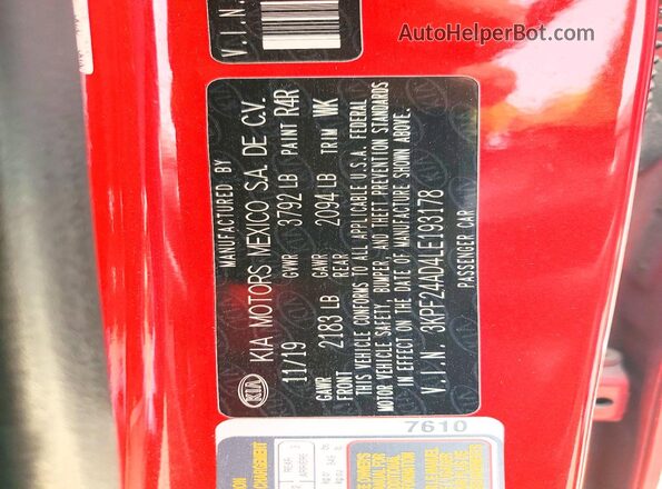 3KPF24AD4LE193178 2020 KIA FORTE Красный Вид подкапотного пространства