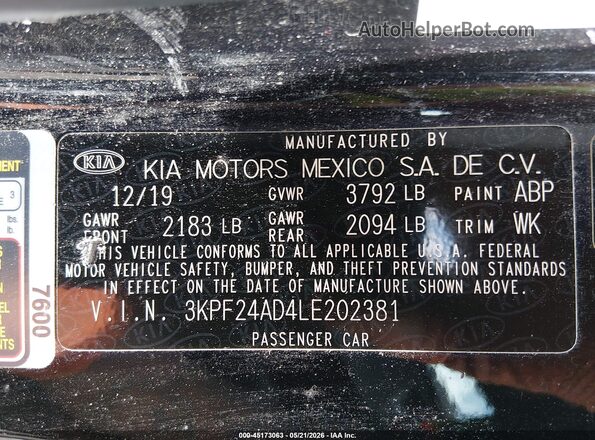 3KPF24AD4LE202381 2020 KIA FORTE Черный Вид подкапотного пространства