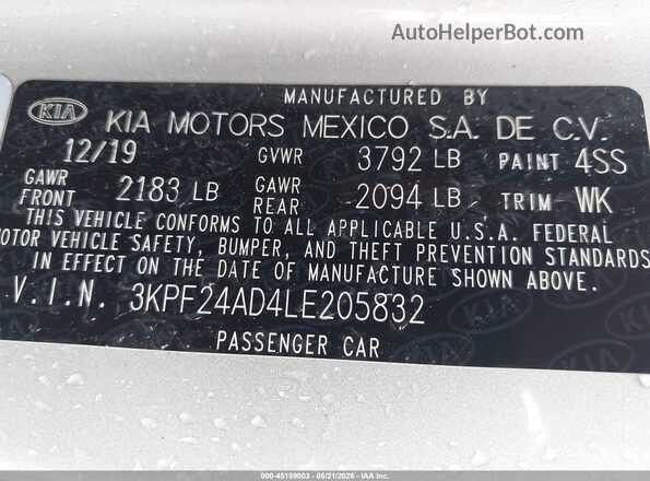 3KPF24AD4LE205832 2020 KIA FORTE Серебряный Вид подкапотного пространства