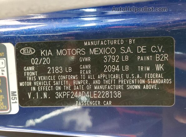 3KPF24AD4LE228138 2020 KIA FORTE Синий Вид подкапотного пространства