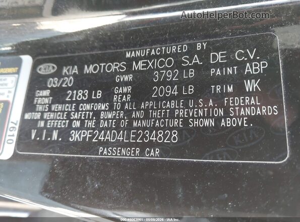 3KPF24AD4LE234828 2020 KIA FORTE Black Widok komory silnika