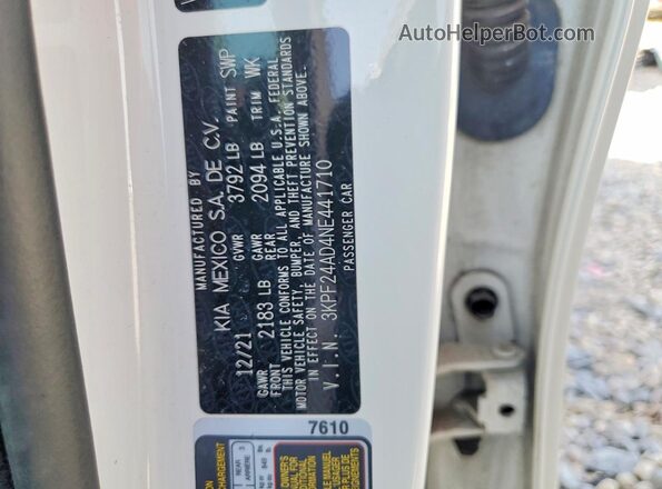 3KPF24AD4NE441710 2022 KIA FORTE Белый Вид наклейки с VIN-кодом