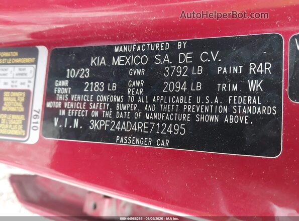 3KPF24AD4RE712495 2024 KIA FORTE Красный Вид подкапотного пространства