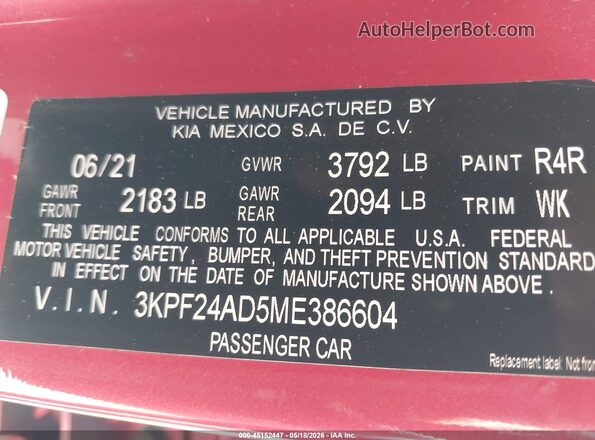 3KPF24AD5ME386604 2021 KIA FORTE Red Շարժիչի բաժամունքի տեսք