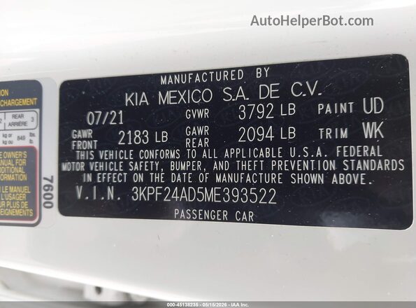 3KPF24AD5ME393522 2021 KIA FORTE White ძრავის განყოფილების ხედი