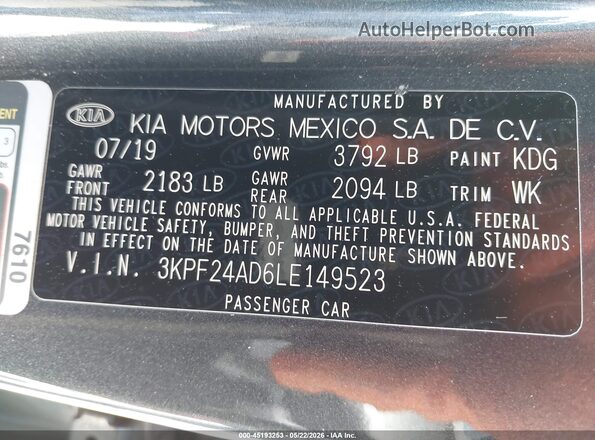 3KPF24AD6LE149523 2020 KIA FORTE Gray Vista del compartimento del motor