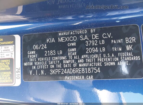 3KPF24AD6RE818754 2024 KIA FORTE Синий Вид подкапотного пространства