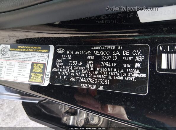 3KPF24AD7KE076581 2019 KIA FORTE Черный Вид подкапотного пространства
