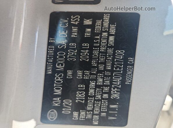 3KPF24AD7LE217408 2020 KIA FORTE Silver Вид підкапотного простору