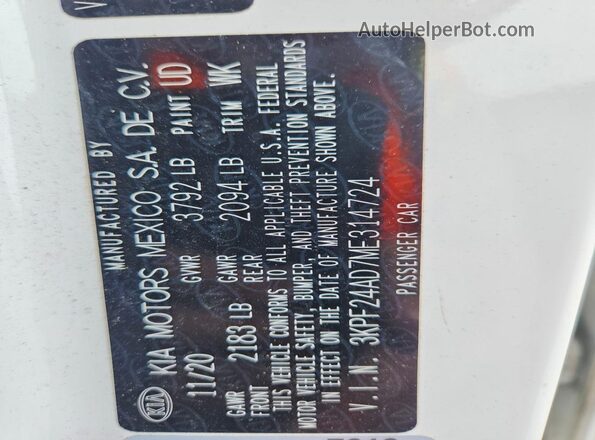 3KPF24AD7ME314724 2021 KIA FORTE White Widok naklejki z numerem VIN
