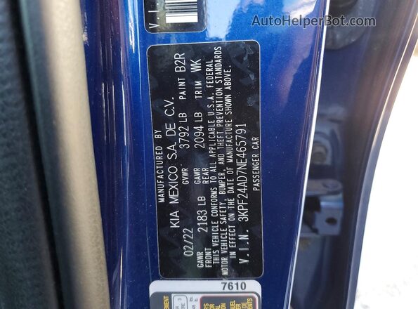 3KPF24AD7NE465791 2022 KIA FORTE Синий Вид подкапотного пространства