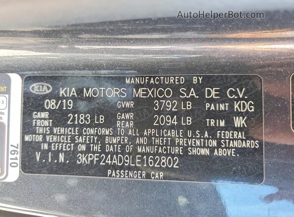 3KPF24AD9LE162802 2020 KIA FORTE Серый Вид наклейки с VIN-кодом