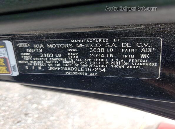 3KPF24AD9LE167854 2020 KIA FORTE Черный Вид наклейки с VIN-кодом