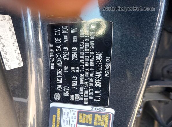 3KPF24AD9LE249843 2020 KIA FORTE Серый Вид наклейки с VIN-кодом