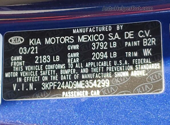 3KPF24AD9ME354299 2021 KIA FORTE Синий Вид наклейки с VIN-кодом