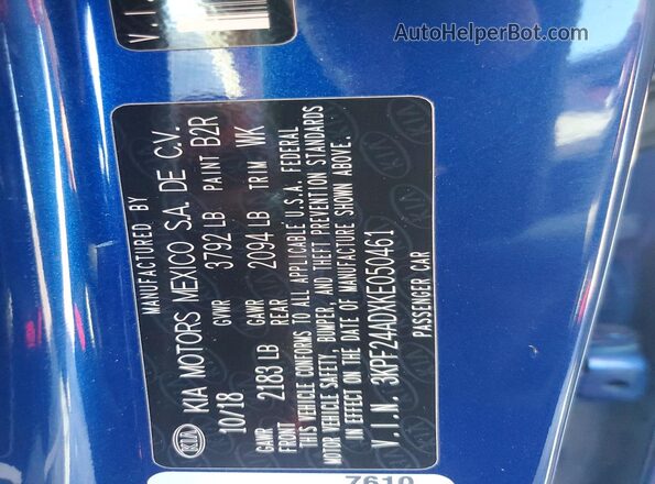 3KPF24ADXKE050461 2019 KIA FORTE Синий Вид наклейки с VIN-кодом