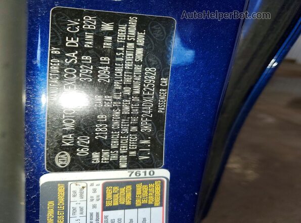 3KPF24ADXLE259328 2020 KIA FORTE Синий Вид наклейки с VIN-кодом