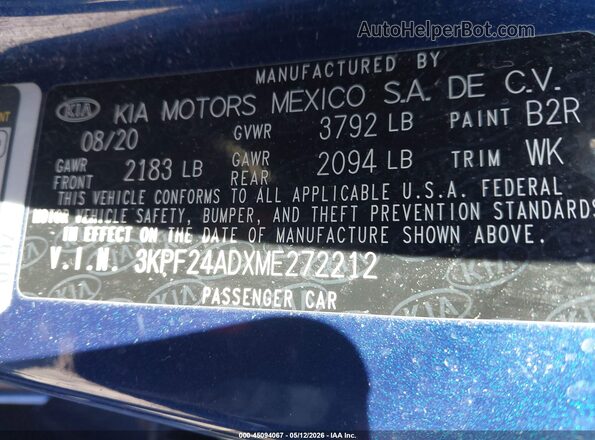 3KPF24ADXME272212 2021 KIA FORTE Синий Вид подкапотного пространства