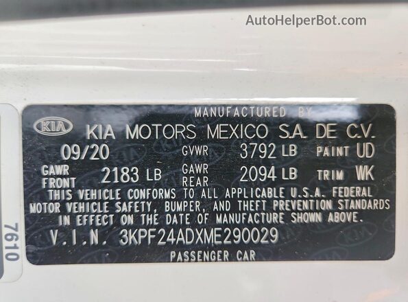 3KPF24ADXME290029 2021 KIA FORTE Белый Вид наклейки с VIN-кодом