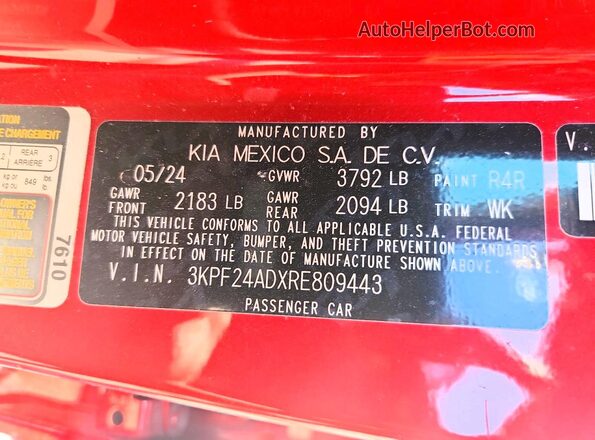 3KPF24ADXRE809443 2024 KIA FORTE Красный Вид наклейки с VIN-кодом